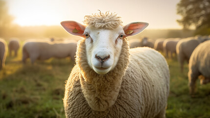 Fototapeta premium Portrait of sheep in green field on background.