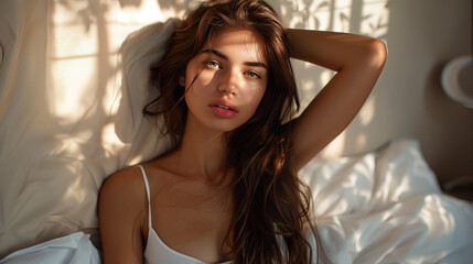 Fototapeta premium Woman in White Tank Top Lying in Bed