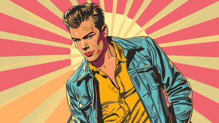 vector illustration portrait of a man in a blue denim jacket and yellow shirt on a background of pink orange rays pinup styles
