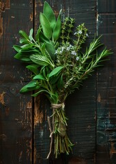 Bouquet Garni A bouquet garni of fresh herbs including thyme, rosemary, and bay leaves, tied together with kitchen twine. Displayed on a rustic wooden table. 