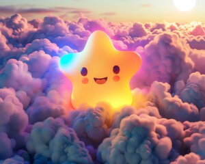 Happy Star Floating Above Fluffy Clouds at Sunset