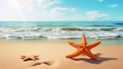 Starfish on the beach. Summer background with copy space for text