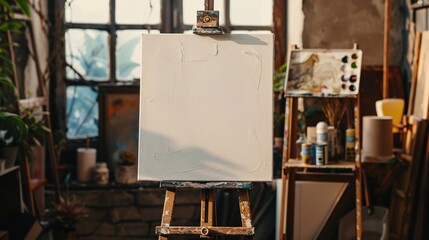 Blank canvas on an artist's easel with soft natural light, perfect for showcasing paintings or illustrations, Generative AI