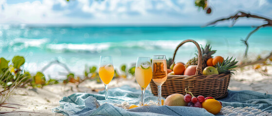 Fototapeta premium Serene Beach Picnic Setup with Blanket, Fresh Fruit Basket, and Drinks by the Ocean