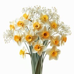 Obraz premium Springtime Serenity - Breathtaking Daffodil Bouquet with Baby's Breath on White Background, Realistic Photography with Soft Light and Shadow in Stunning 8K HD Quality