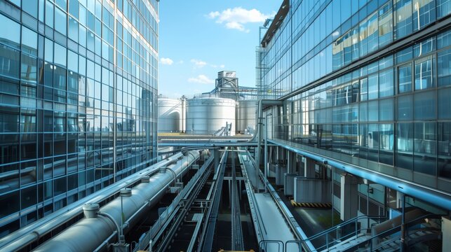 The industrial park blends sleek glass buildings with monorails and massive storage tanks.