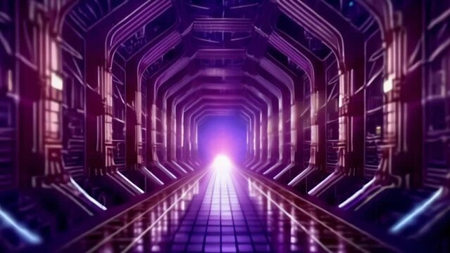 ネオンライトで照らされた未来的なトンネル。光り輝くハイテクな雰囲気を醸し出している。対称的なデザインと鮮やかな紫色の色調が、サイエンスフィクションとサイバーパンクの美学を感じさせ、先進技術とイノベーションを示唆している。
