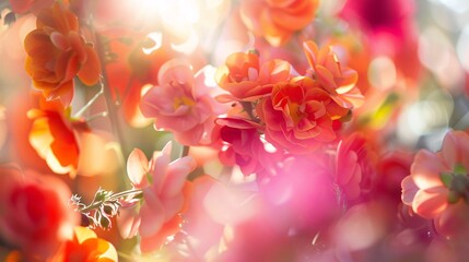 Obraz premium Soft-focus floral background with vibrant blooms, creating a romantic and whimsical atmosphere, Generative AI