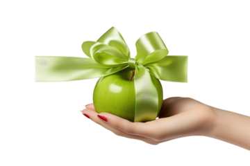 Emerald Elegance: A Womans Hand Grasping a Green Apple With a Bow on White or PNG Transparent Background.