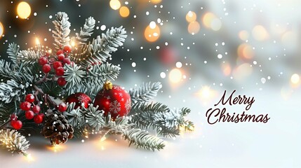 Minimalist "Merry Christmas" Text with Jingle Bells, Christmas Tree, and Presents on a White Background - Elegant Holiday Design