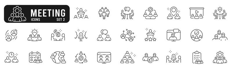 Set of meeting related line icons. Conference, team, group, presentation etc. Set 2