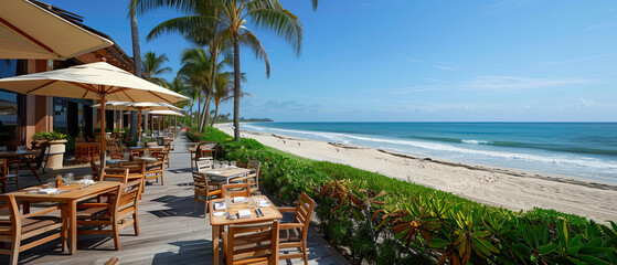 Serene Beachside CafÃ©: Outdoor Dining with Ocean View and Palm Trees