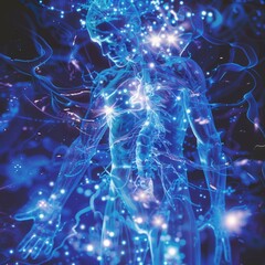 Human body under attack by viruses illustration,A glowing silhouette of a human body with a skeleton surrounded by glowing dots