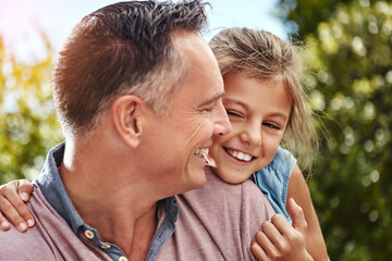 Fototapeta premium Man, happy and child hug outdoor with bonding, care or support for security trust at family home backyard. Smile, father and girl for embrace moment, love and sunshine vacation of childhood memory