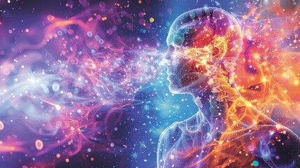 Fototapeta premium Human body under attack by viruses illustration,A glowing silhouette of a human body with a skeleton surrounded by glowing dots