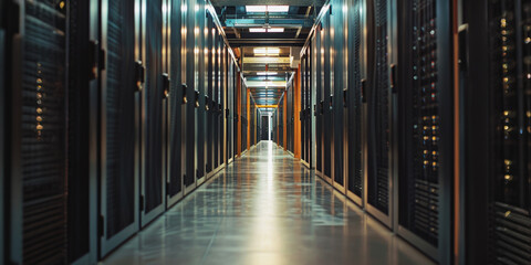 Modern data center with rows of server racks