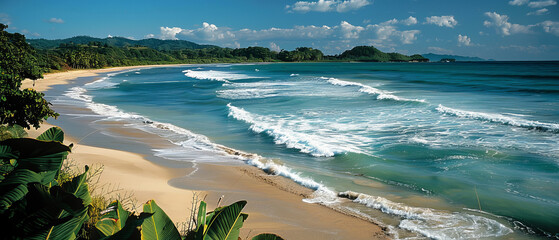 Obraz premium Serene Tropical Beach Paradise with Golden Sand, Gentle Waves, and Lush Vegetation Under a Clear Blue Sky