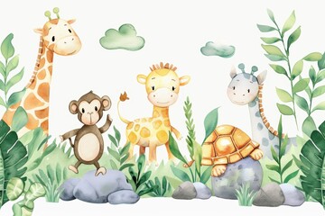 There are giraffes, turtles, leopards, Zebras, monkeys, clouds, plants, mountains, all painted with watercolors on an isolated background.