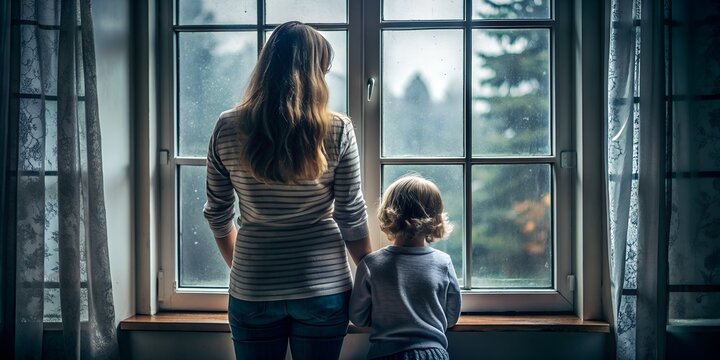 Alleinerziehende Mutter mit Kind - Blick aus dem Fenster - D&uuml;stere Stimmung - Alleine und Depression
