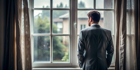 Fototapeta premium Mann von hinten beim Blick aus dem Fenster - Depression und Einsamkeit - düstere Stimmung