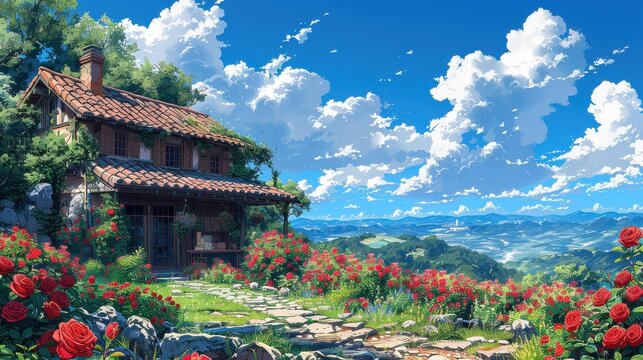 a side view painting of a small cafe in a rose garden, sunshine and white clouds afar