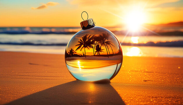 Close-up of a transparent glass Christmas ball on a sandy beach of a tropical sea. Christmas decorations at sunset or sunrise, Christmas and New Year holidays in warm countries, concept. Generative Ai