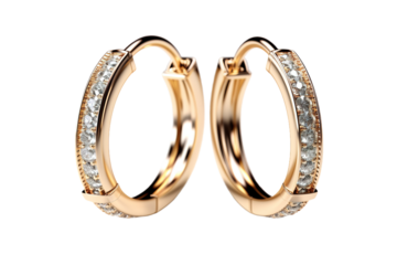 Illuminated Elegance: A Dazzling Duo of Diamond-Adorned Gold Hoop Earrings on White or PNG Transparent Background.