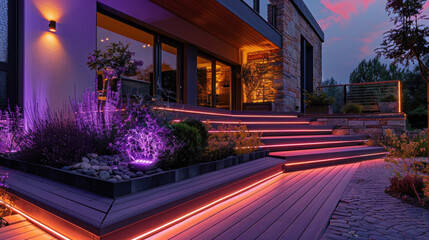 Vibrant RGB lights enhance terrace and garden.