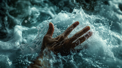 hand of a businessman reaching out, about to drown in the sea