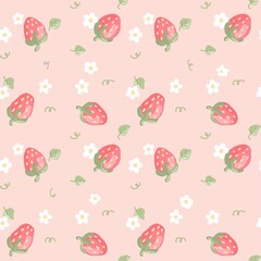 Cute style drawing of strawberries and white daisies on a pink background for fabric designs, gift wrapping paper, wallpaper, bags, book covers, bedsheets, seamless curtains.