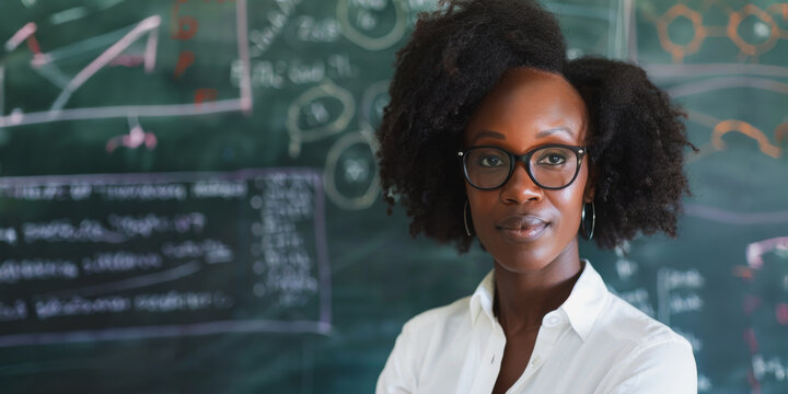 Serious teacher with glasses in front of mathematical chalkboard