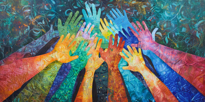 Colorful hands reaching upwards in collaborative artwork