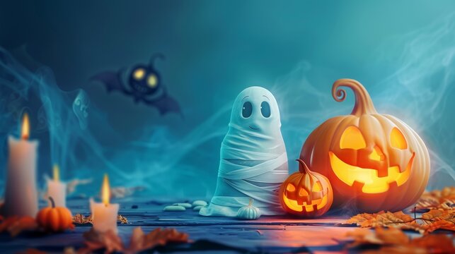 Halloween Pumpkins and Mummy in a Forest