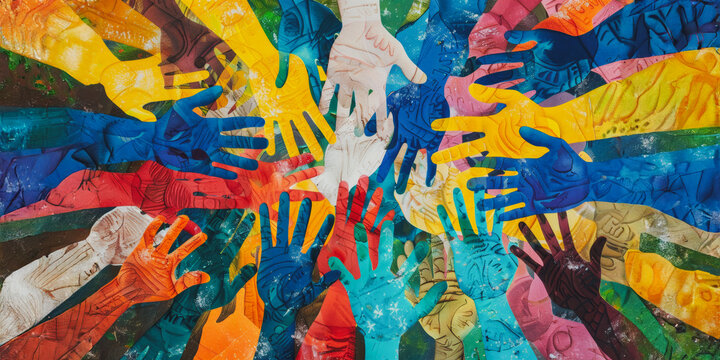 Colorful hands intertwined in artistic community mural