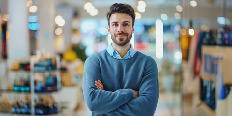Confident young man with beard in casual clothing at store