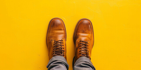 Stylish brown boots on yellow background with jeans