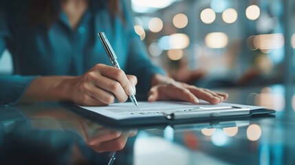 Hand of company manager signing digital document. The concept of professionalism and focus, because the person is most likely working on important documents or notes.