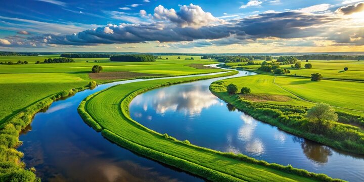 A Winding River Meanders Through Lush Green Fields, The Water Reflecting The Blue Sky, Creating A Picturesque Landscape, Aerial View, River, Fields, Green, Blue Sky, Reflection, Landscape