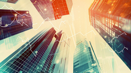 A stock market graph and skyscrapers in double exposure, representing business growth or financial success.