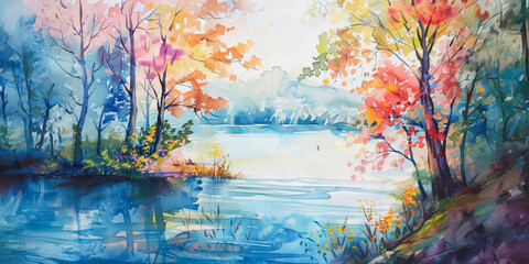 Obraz na płótnie Canvas Serene lake scene with colorful trees and reflections