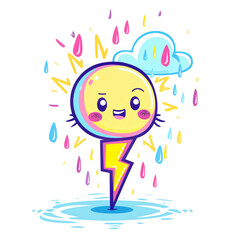 Cute and playful lightning bolt dancing with raindrops, cartoonish style