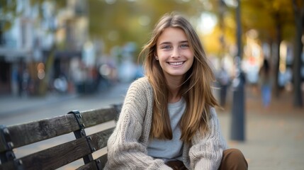 Fototapeta premium Smiling young woman in a knitted sweater outdoors. Generative AI.