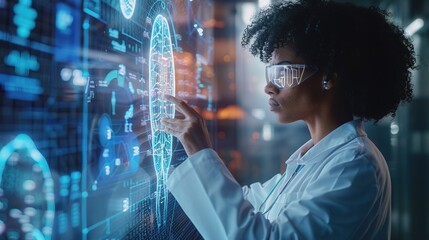 doctor using artificial intelligence on virtual screen for medical research - future medicine healthcare laboratory concept