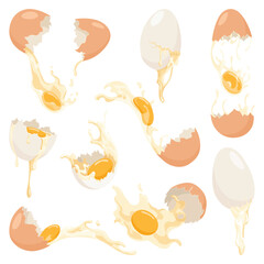 Cracked eggs with yolks set. Baking or cooking ingredients. Eggshell and proteins. Healthy organic food. Diet with raw and broken products. Vector cartoon food