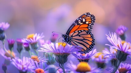 Obraz premium Monarch butterfly feeding on purple aster flower in summer floral background.