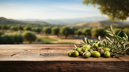 Old wooden table for product display with natural green olive field and green olives