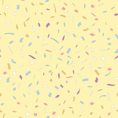 Confetti seamless background. Falling confetti. Decorative print for birthday, celebration, holiday, carnival festivity. Multicolored confetti flat style design