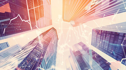 A stock market graph and skyscrapers in double exposure, representing business growth or financial success.