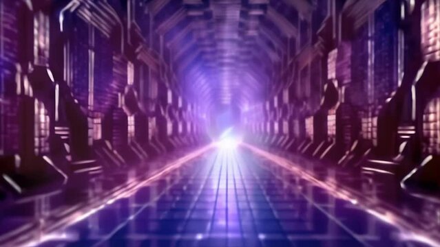 ネオンライトで照らされた未来的なトンネル。光り輝くハイテクな雰囲気を醸し出している。対称的なデザインと鮮やかな紫色の色調が、サイエンスフィクションとサイバーパンクの美学を感じさせ、先進技術とイノベーションを示唆している。
