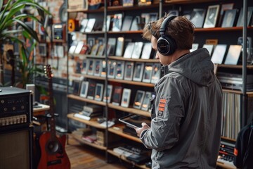 Obraz premium Man in headphones browsing tablet at retail store shelf